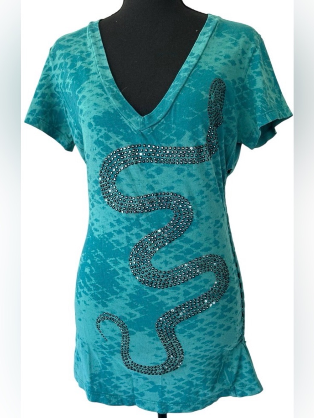 Affliction Rhinestone Snake V-Neck Tee Teal tunic Y2K Grunge Goth rock punk L